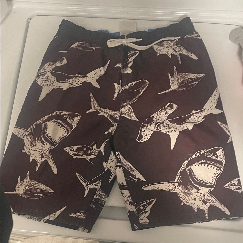Kids Shark Print Swim Trunks - Burgundy